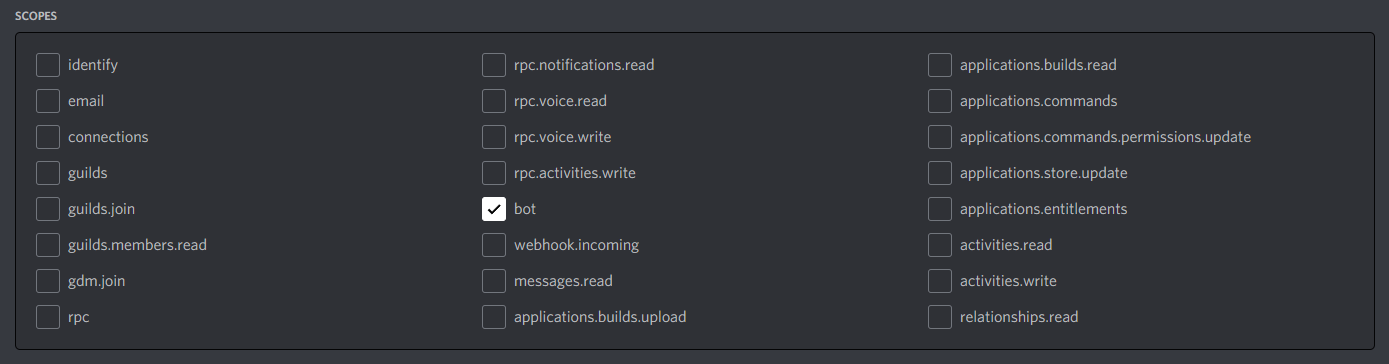The scopes checkbox with "bot" and "applications.commands" ticked.